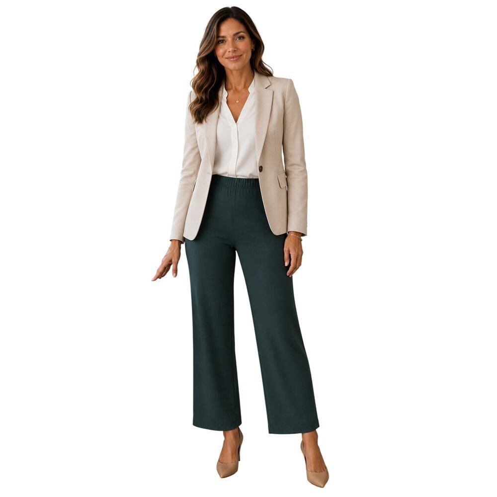 Susan graver LP L PETITE green flare pull on stretch knit pants comfort NWOT